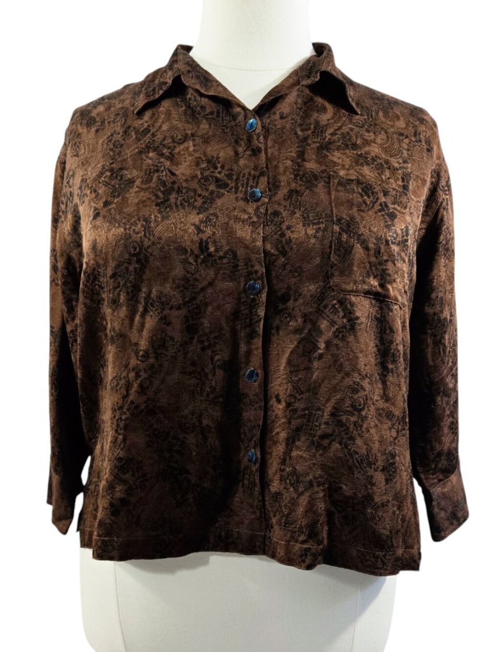 Vintage Chico's Silk Linen Brown Black Abstract Boho Button-Up Shirt Boxy
